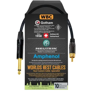 WORLDS BEST CABLES 1 Foot – TS to RCA Cable – Gotham GAC-4/1 (Black) Star-Quad Audio Interconnect Cable & Neutrik NP2X-B & Amphenol ACPL-CBK Gold Plugs - Custom Made