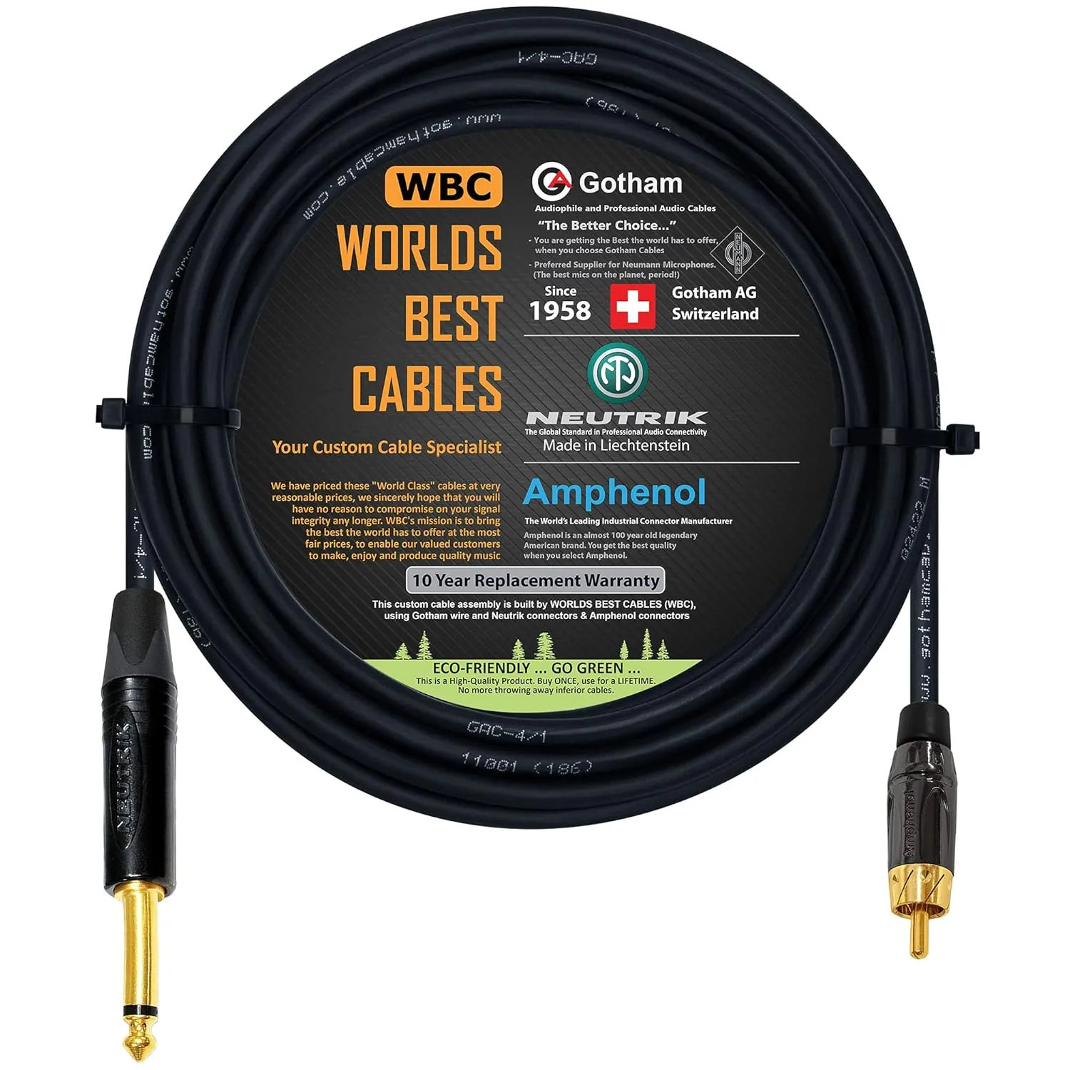 WORLDS BEST CABLES 25 Foot – TS to RCA Cable – Gotham GAC-4/1 (Black) Star-Quad Audio Interconnect Cable & Neutrik NP2X-B & Amphenol ACPL-CBK Gold Plugs - Custom Made