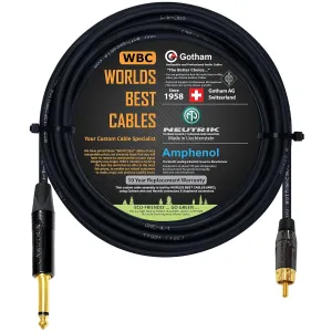 WORLDS BEST CABLES 25 Foot – TS to RCA Cable – Gotham GAC-4/1 (Black) Star-Quad Audio Interconnect Cable & Neutrik NP2X-B & Amphenol ACPL-CBK Gold Plugs - Custom Made
