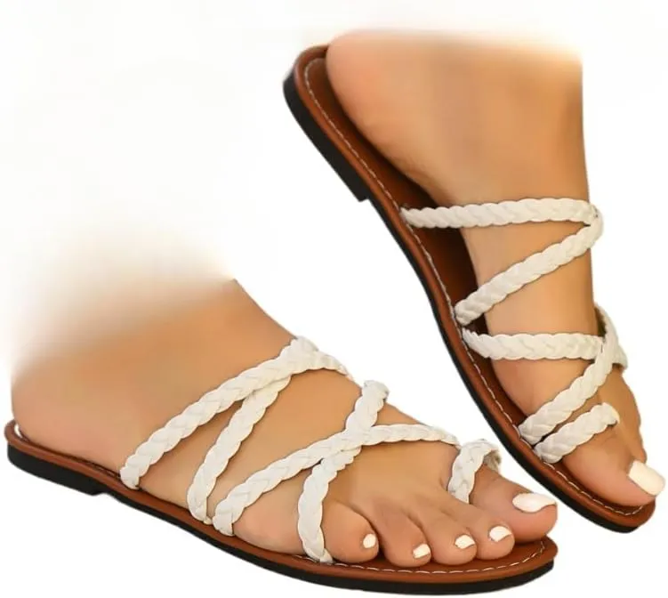Woven Rope Sandals for Women Strappy Toe Ring Jesus Sandals Slip On Beach Slides Casual Water Flats Cross Band Double Straps Lightweight Breathable Open Toe Summer Slippers Dress Shoes Party Vacation
