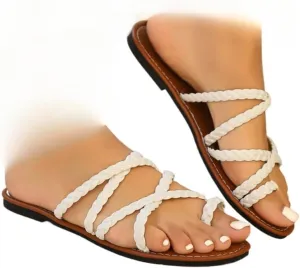 Woven Rope Sandals for Women Strappy Toe Ring Jesus Sandals Slip On Beach Slides Casual Water Flats Cross Band Double Straps Lightweight Breathable Open Toe Summer Slippers Dress Shoes Party Vacation